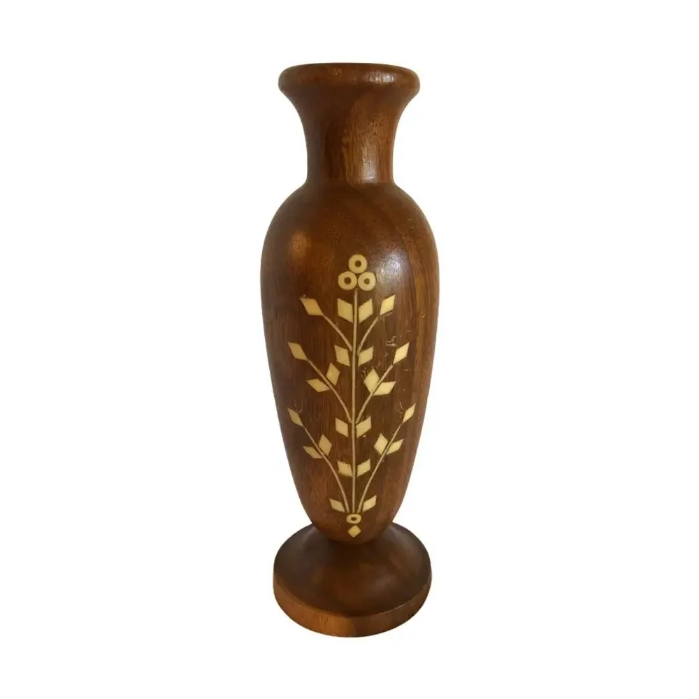Vintage tall Wood Vase with White Bone inlaid design, hand crafted